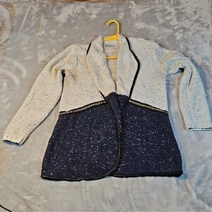RENJO Women's S Colorblock Cardigan Jacket White Blue Chain Accent Open Front